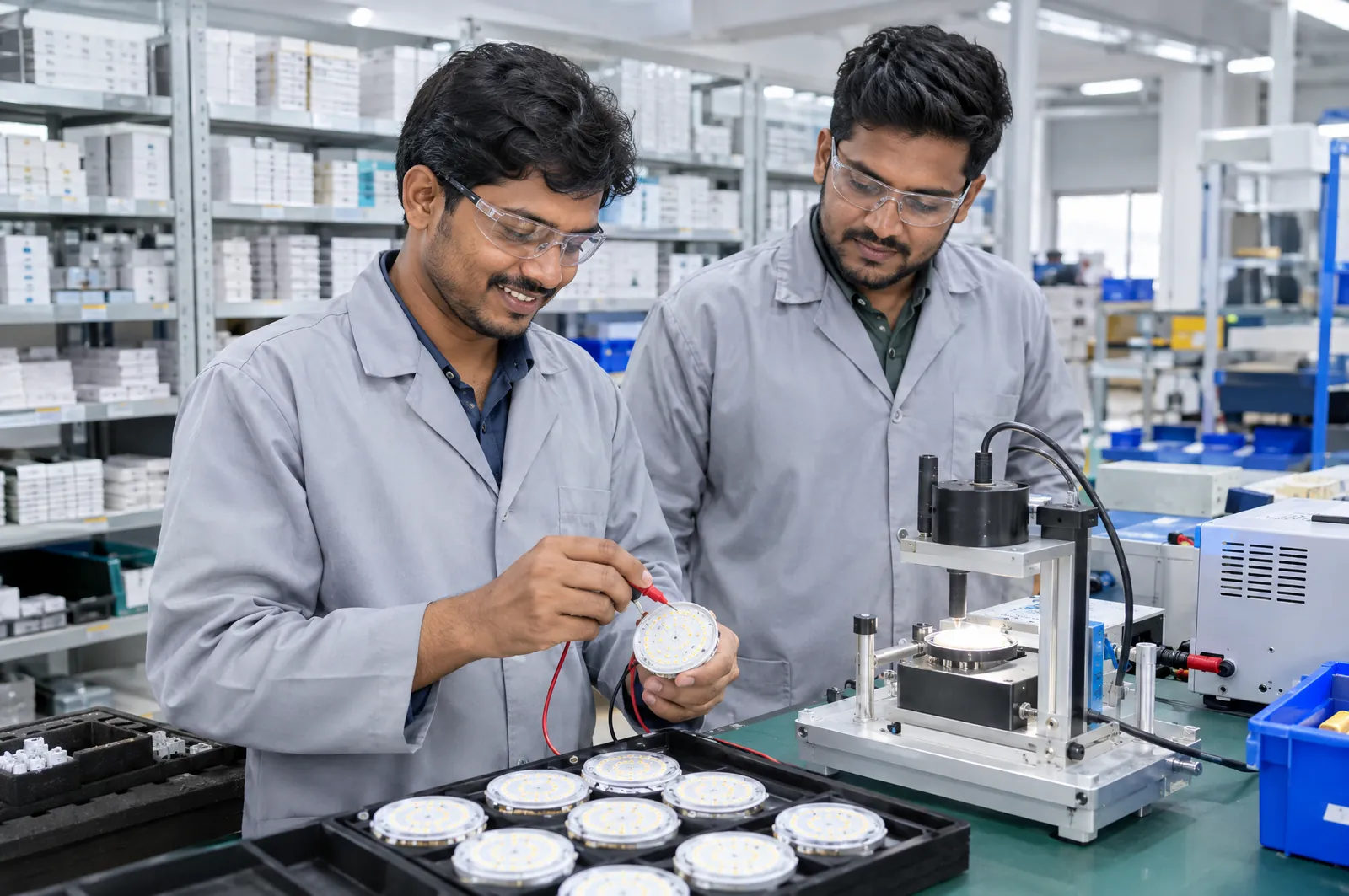 Two men in grey work coats and safety glasses test a round LED module at an electronics bench in a bright, tidy factory.