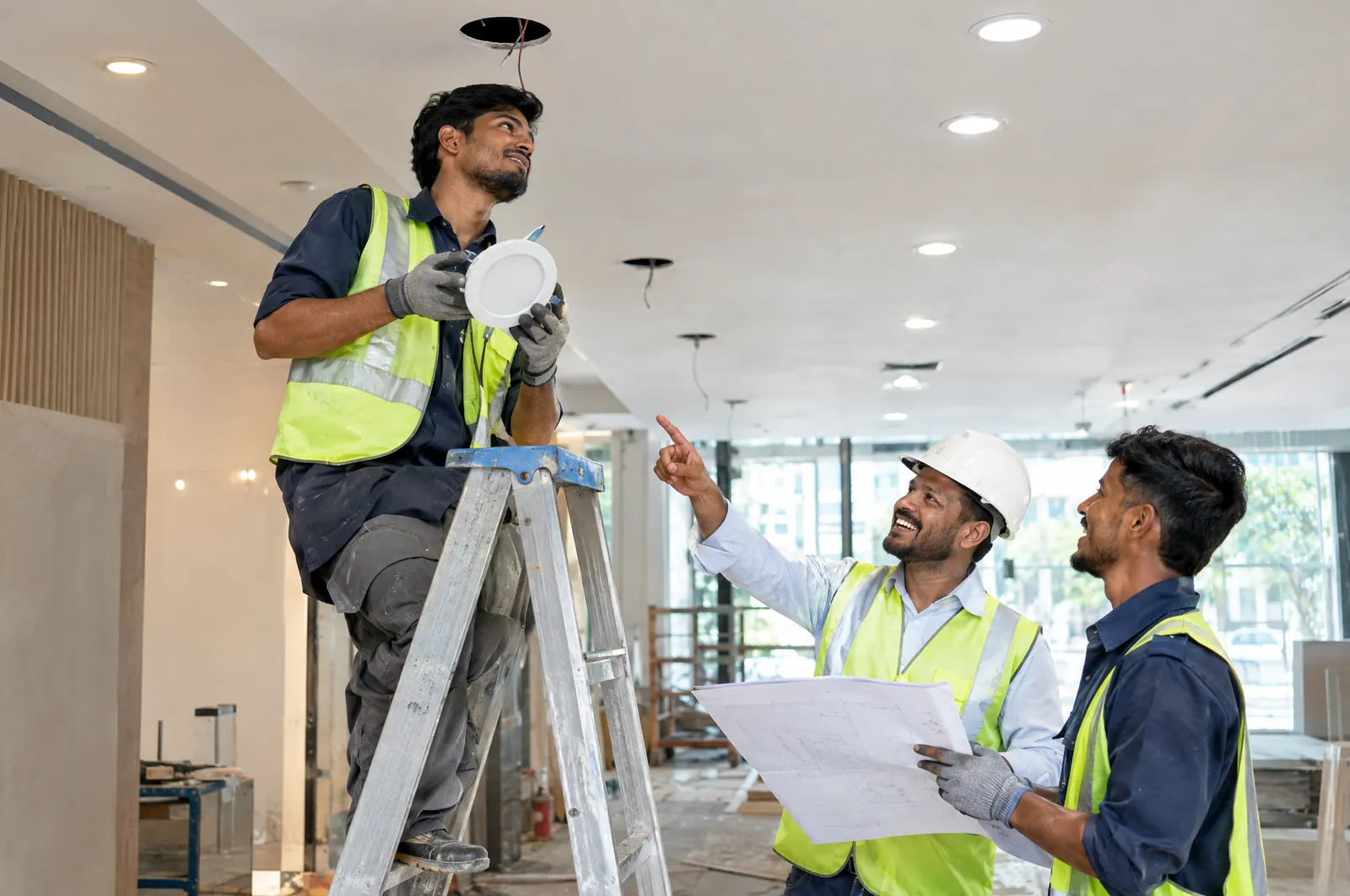 Three men in hi-vis vests fit a downlight into a ceiling: one on a stepladder, one pointing up, one holding plans.