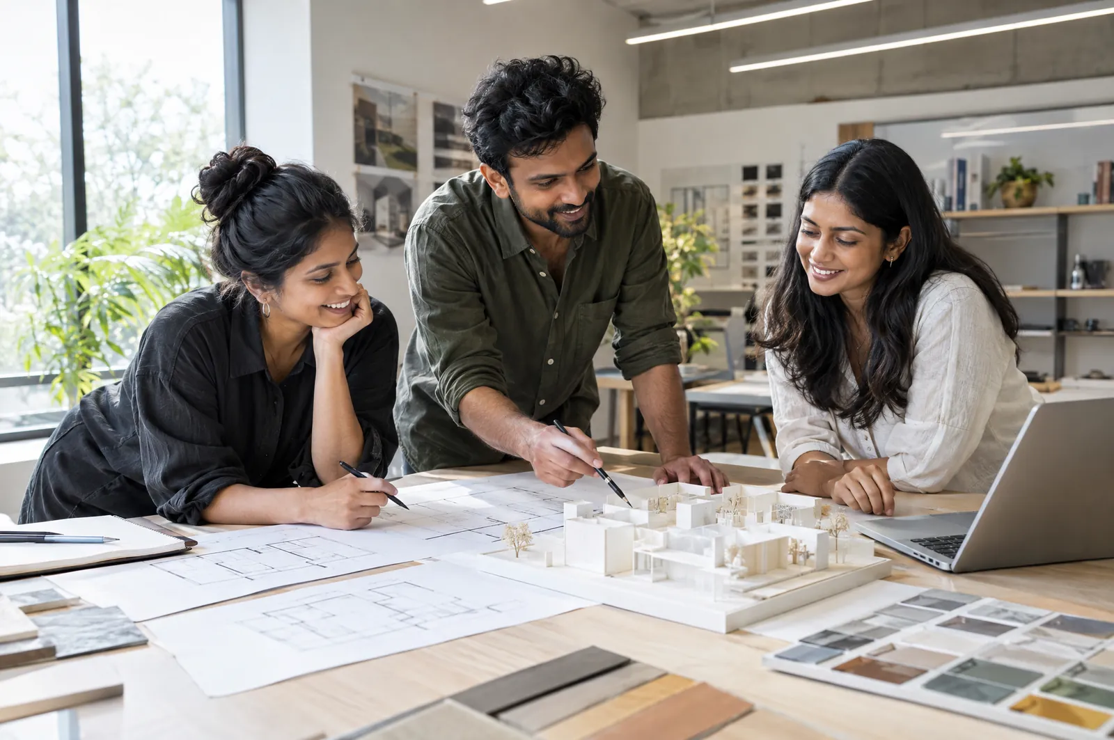 Three people laugh as they look over floor plans and a small white architectural model on a large studio table.