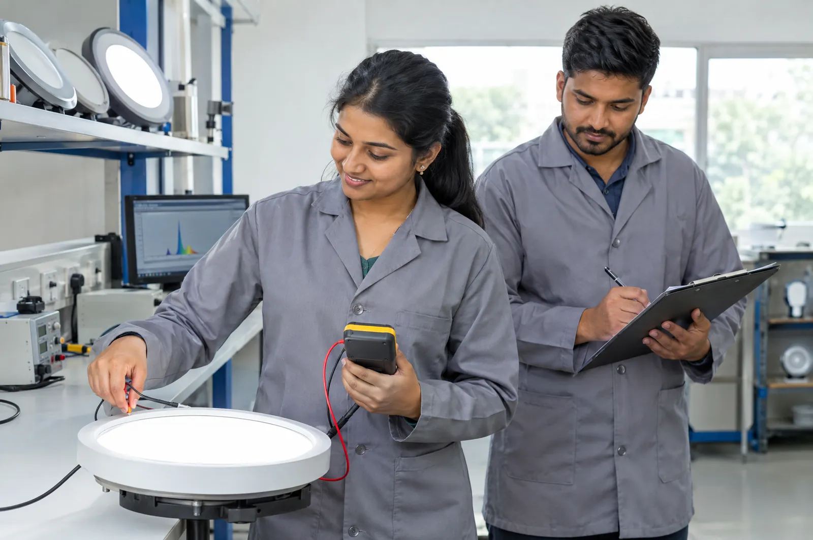 A woman in a grey work coat checks a lit round LED panel with a handheld meter while a man beside her writes on a clipboard.