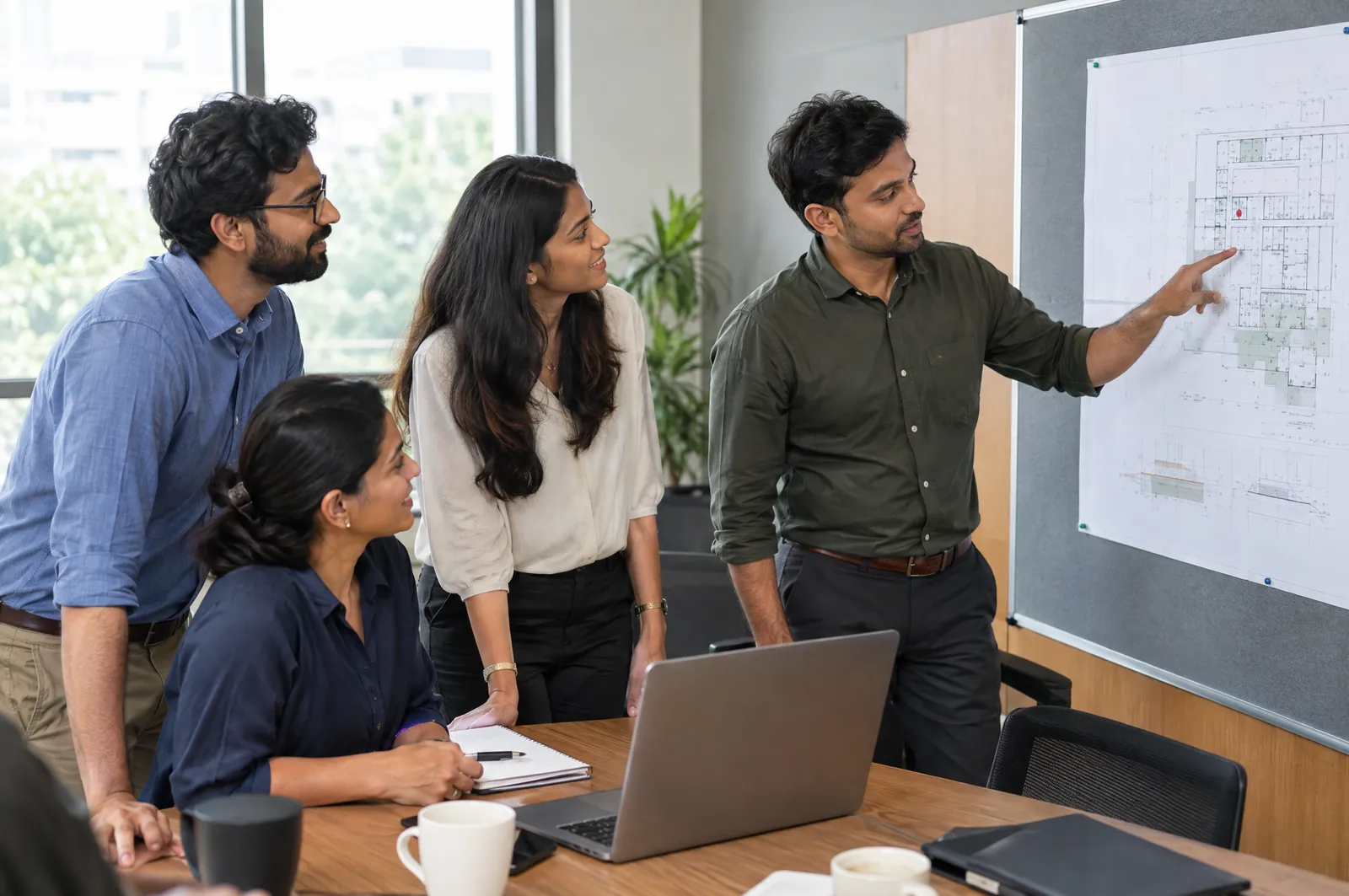 Four people around a meeting-room table look at a floor plan pinned on a board as one of them points to it.