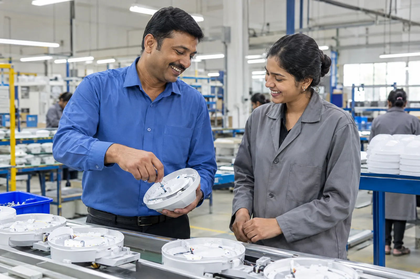 A man in a blue shirt and a woman in a grey work coat laugh together beside an assembly line as he shows her a luminaire housing.