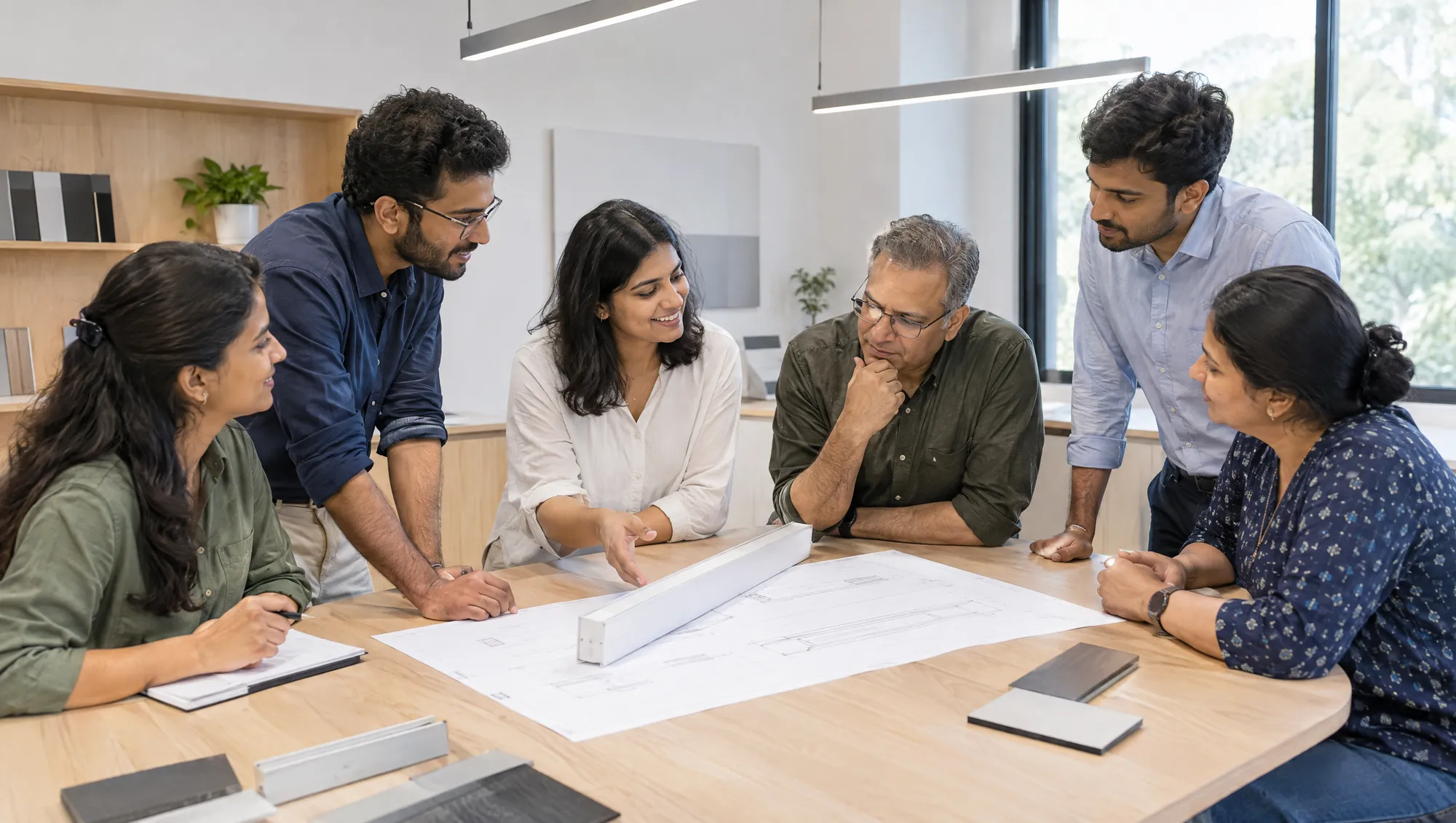 Six people of different ages gather around a large table, looking over a printed drawing and a white light fitting sample.