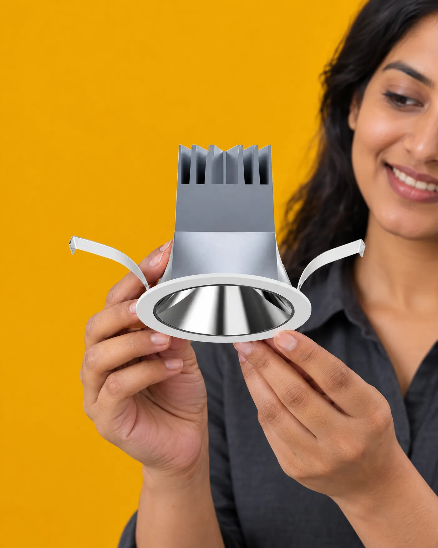 A woman holds a round white recessed spotlight in both hands, her smiling face just visible beside it.