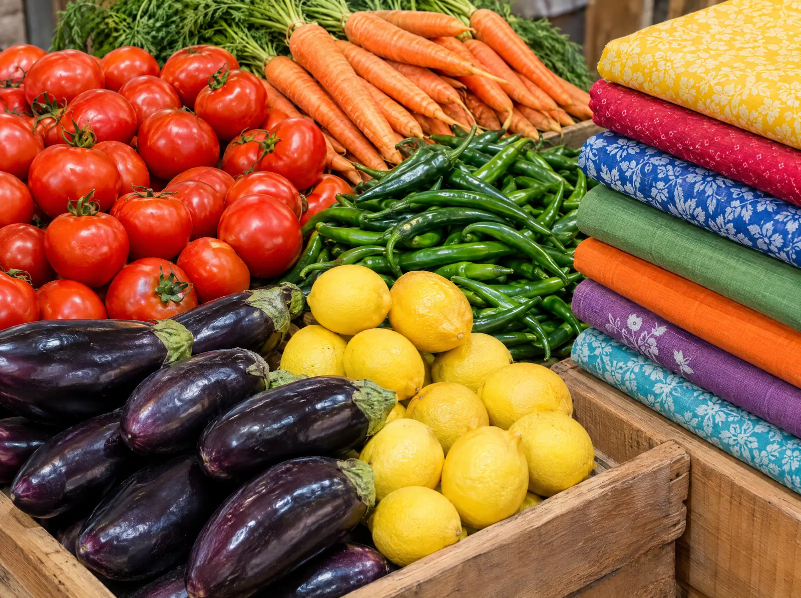 Tomatoes, carrots, green chillies, aubergines and lemons on a market stall, beside a stack of colourful folded cotton cloth.