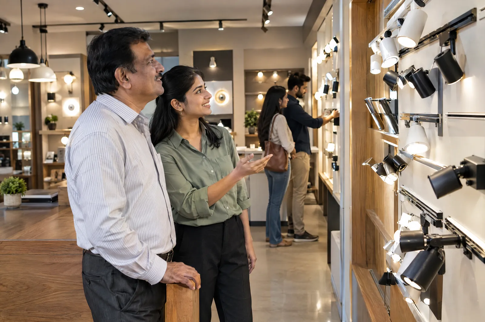 An older man and a younger woman smile at a wall of spotlights and track lights in a lighting showroom.