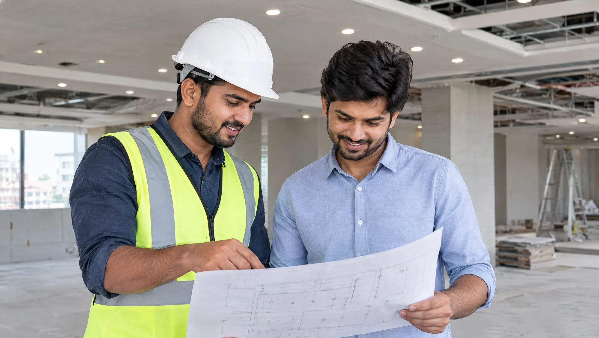 Two men, one in a white hard hat and hi-vis vest, smile as they read a ceiling plan in an unfinished commercial interior.