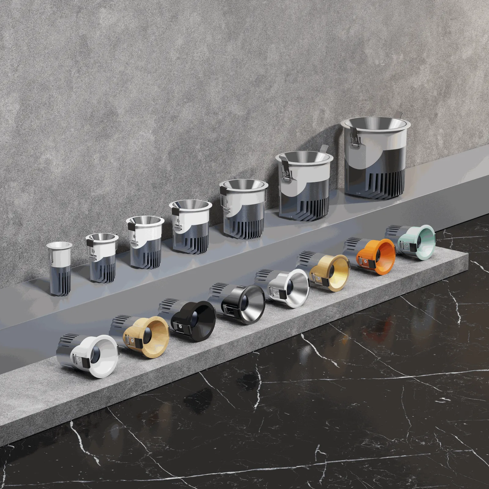 The Nevery range: spotlights in several sizes and body finishes arranged on a stone shelf
