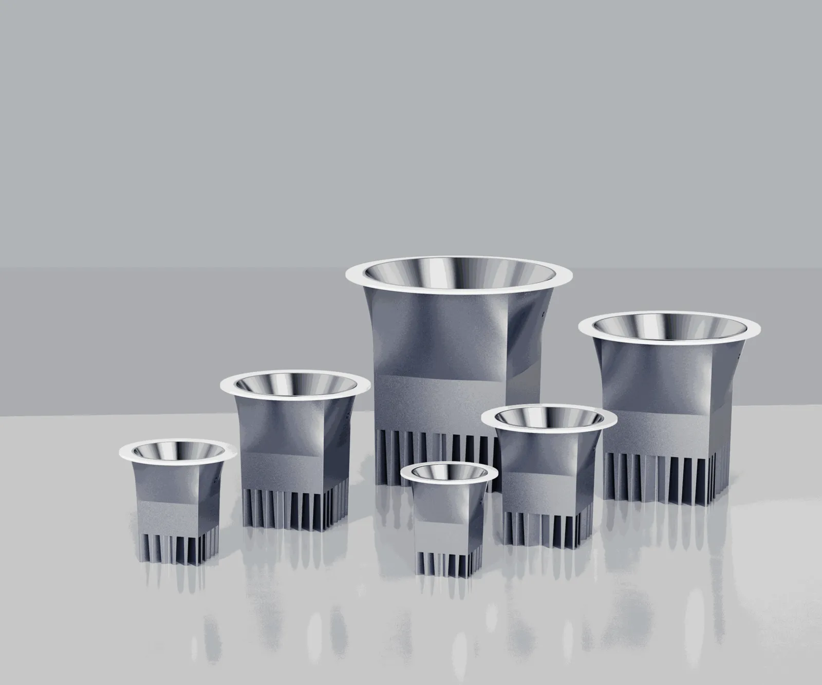 Havious recessed spotlights in five sizes, with silver reflectors and finned heatsinks