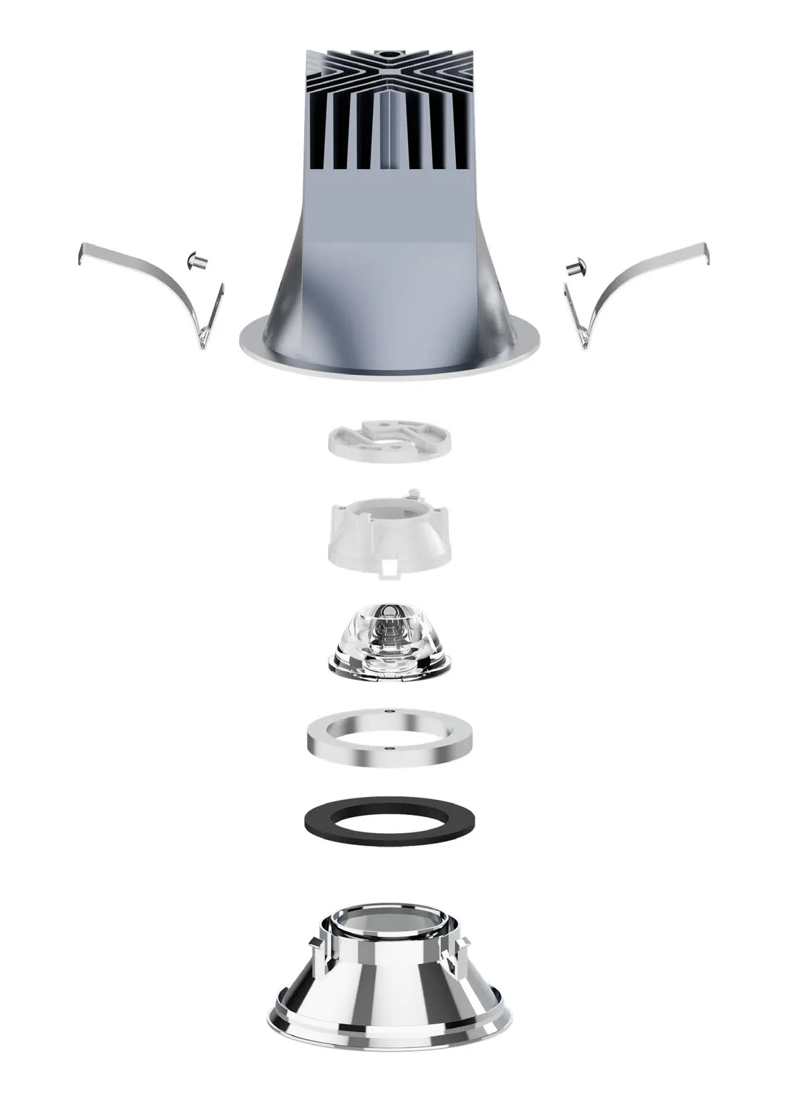 Exploded view of a Havious spotlight showing its component parts