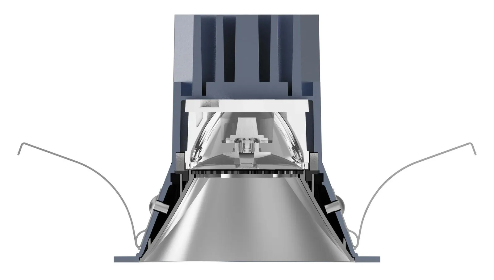 Side view of a Havious spotlight with its spring clips open