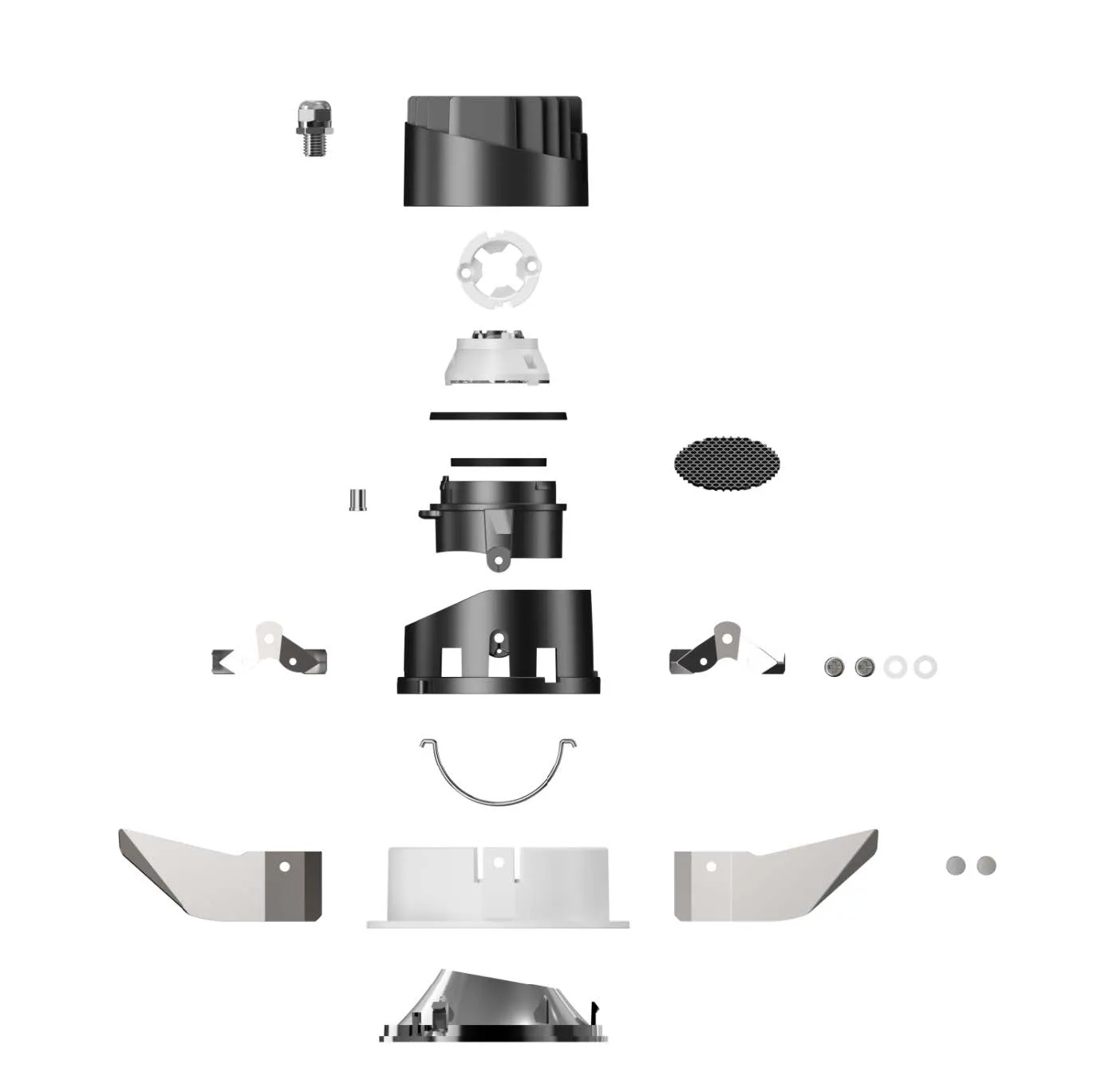 Exploded view of a Staron spotlight and its mounting parts