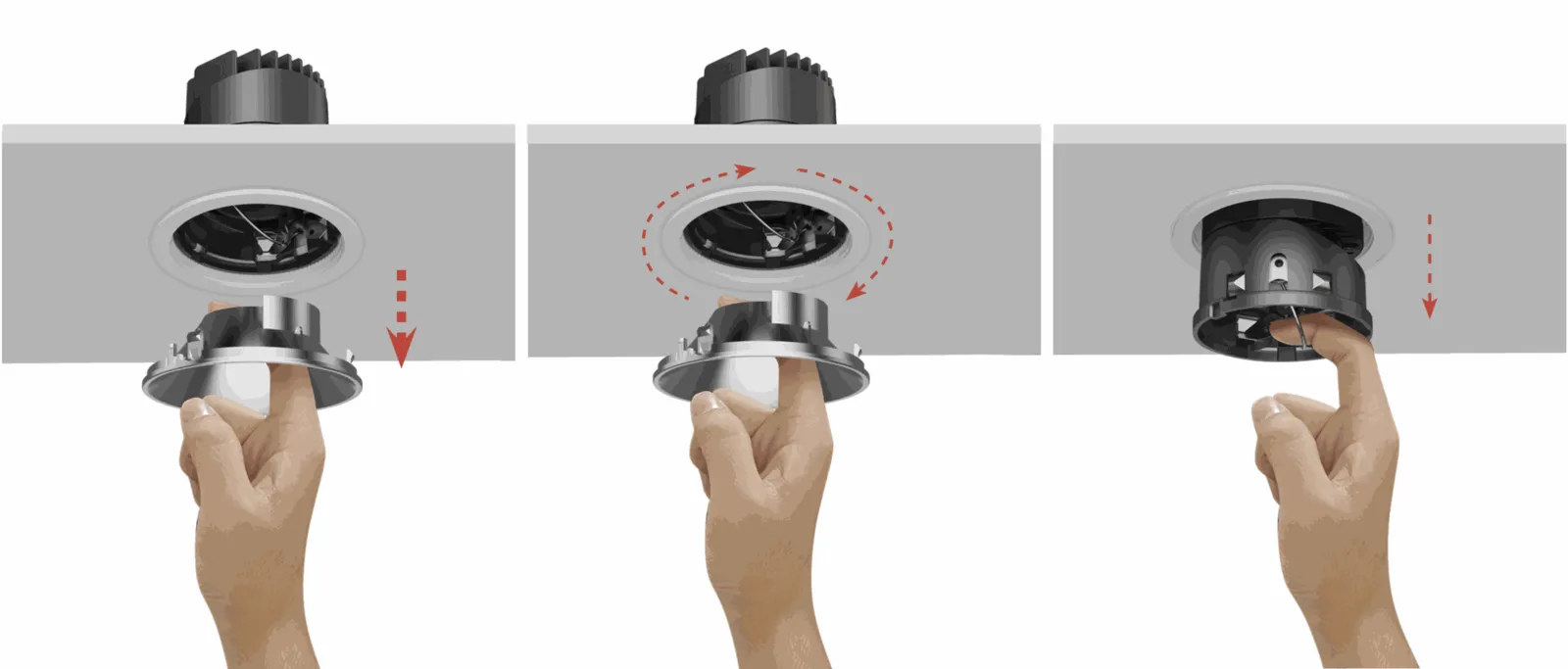 Three steps showing a Staron spotlight being taken out of the ceiling by hand