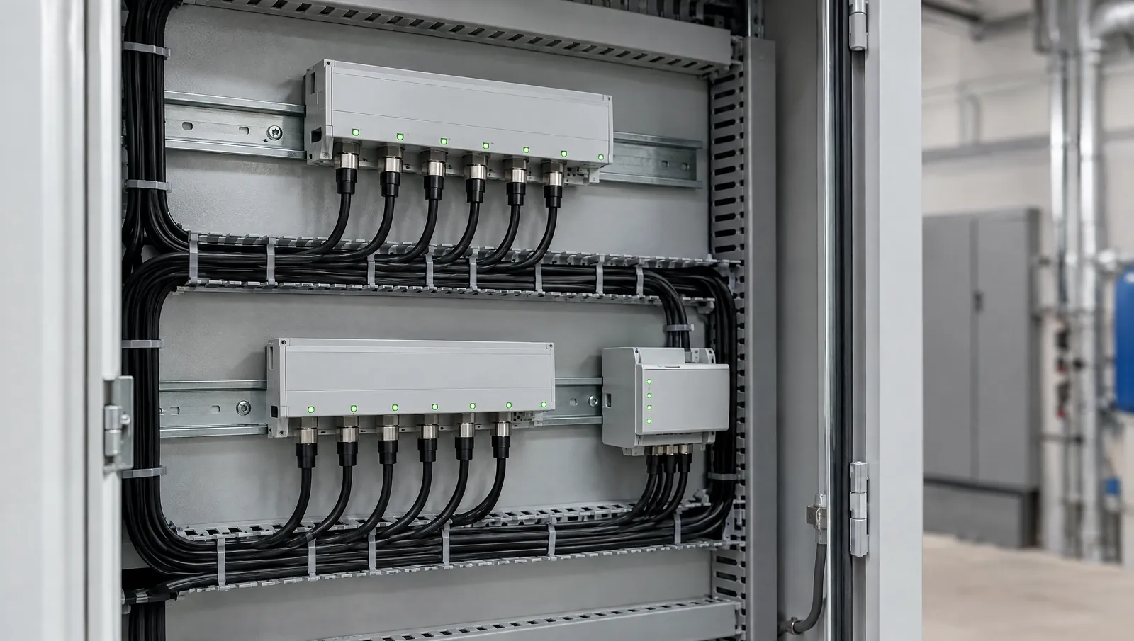 Open lighting control cabinet with DIN-rail mounted DMX signal splitters and neatly routed data cables