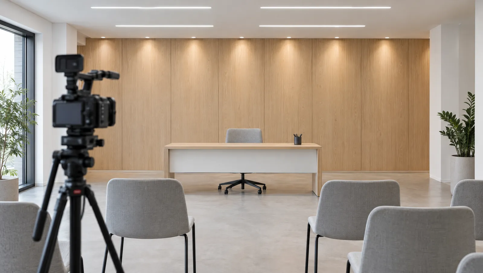 Video camera on a tripod in a meeting room lit evenly by recessed linear luminaires and wall-washing downlights