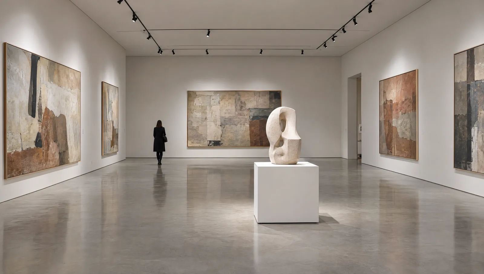 Gallery with track spotlights lighting large abstract paintings and a stone sculpture on a plinth