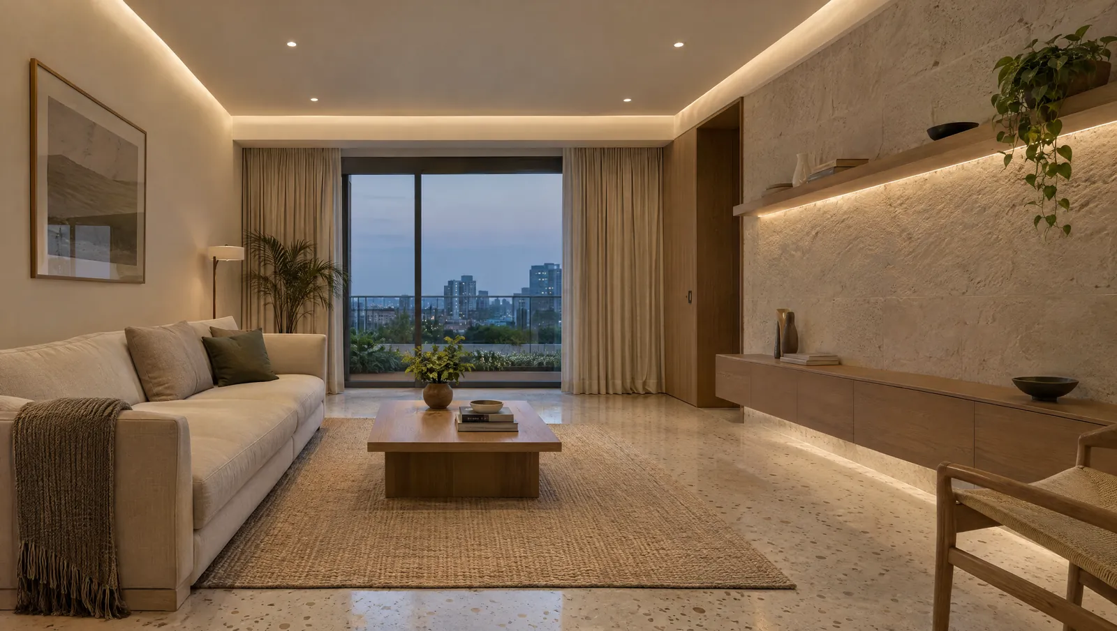Living room with recessed downlights, a concealed ceiling cove and a concealed light under a shelf grazing a stone wall
