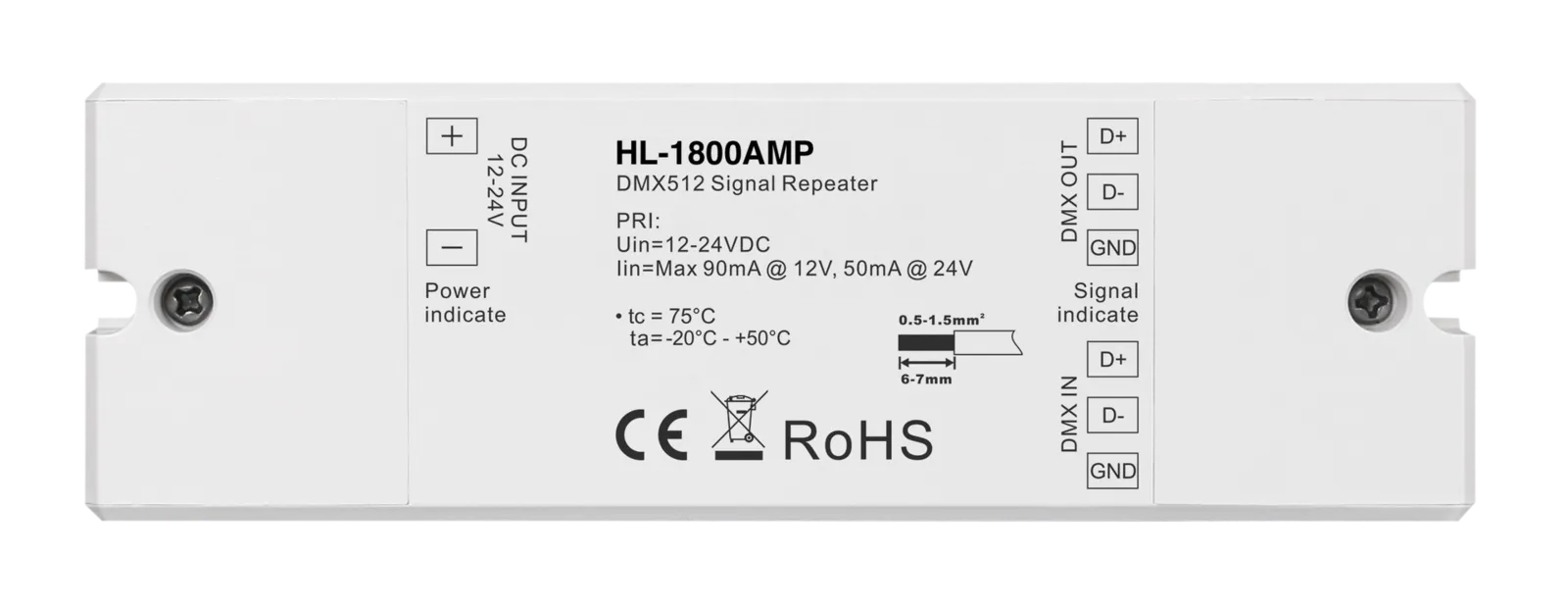 HL-1800AMP DMX512 signal amplifier, a compact white module