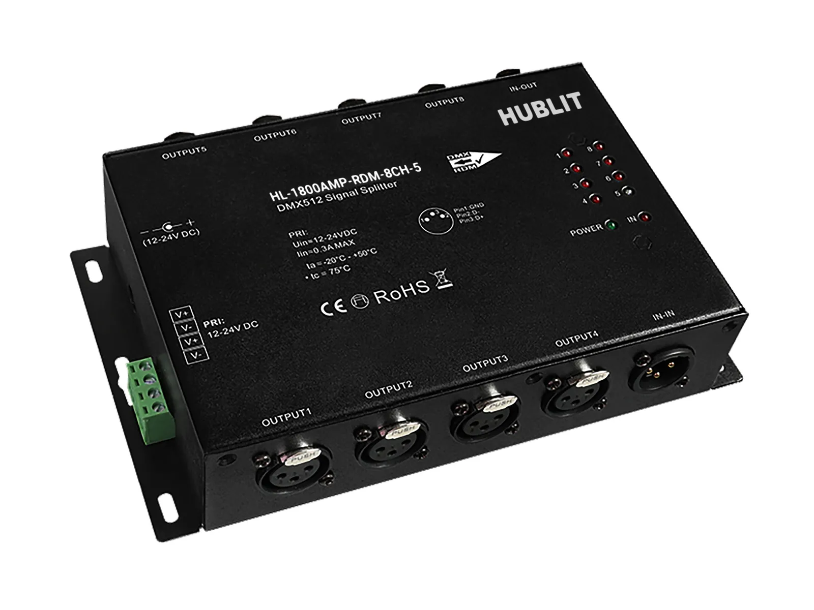 HL-1800AMP-RDM-8CH-5 eight-way DMX splitter in a black housing