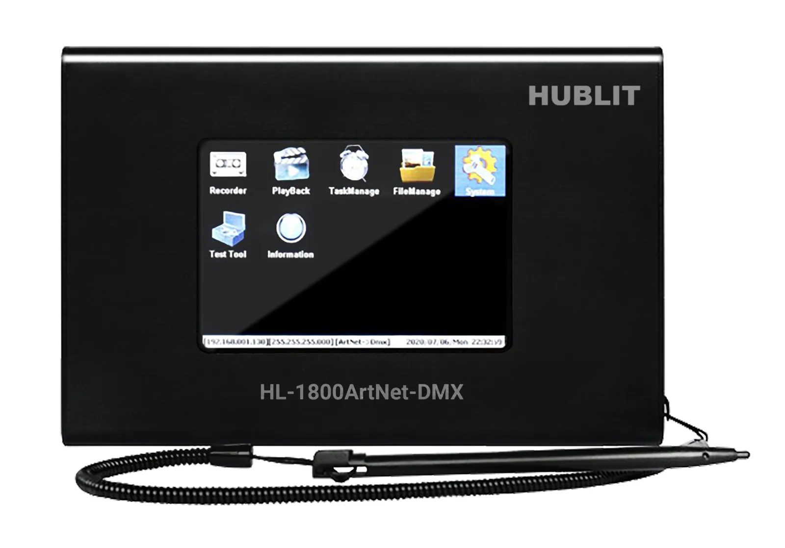 HL-1800ArtNet-DMX converter in a black housing with a colour display