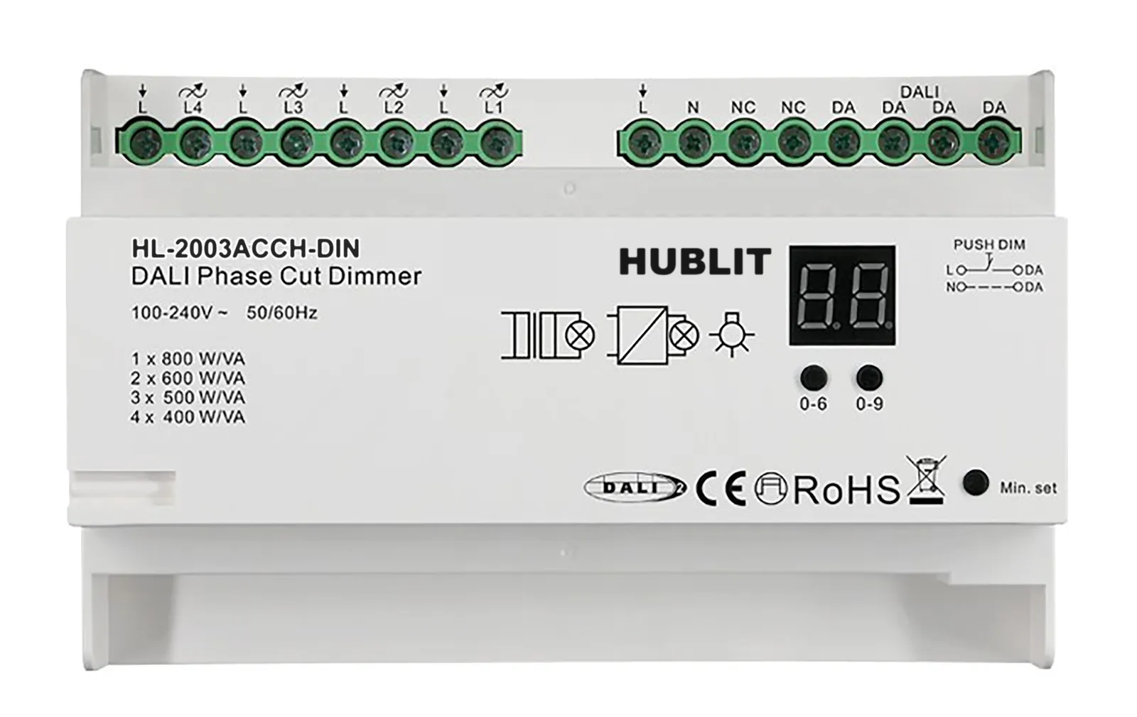 HL-2003AC-4CH-DIN four-channel DALI-2 phase dimmer, a DIN-rail module