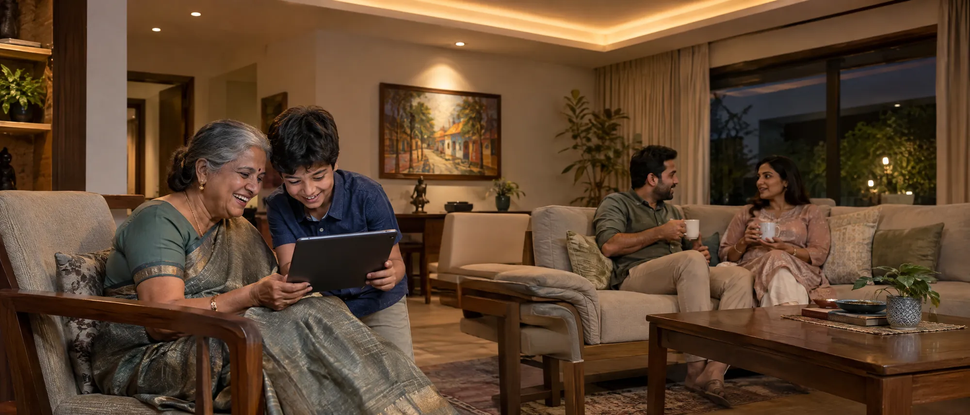 Three generations relax in a living room in the evening, lit by recessed downlights, a ceiling cove and a spotlight on a painting