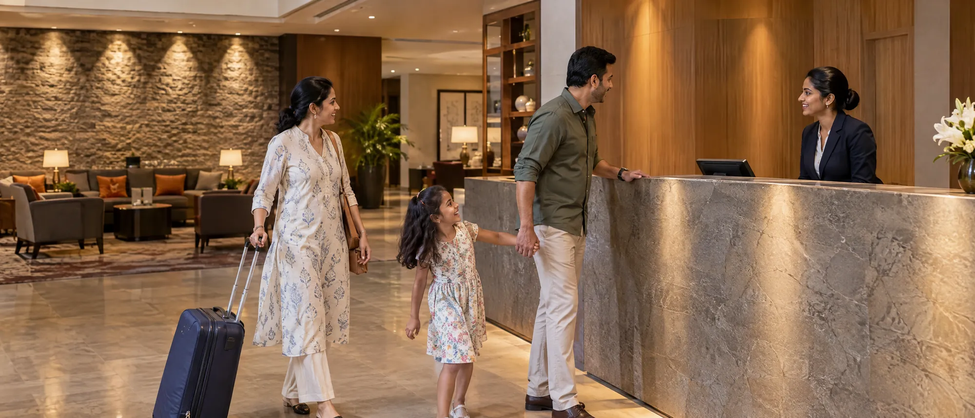 A family checks in at a hotel reception desk lit by warm pools of light, with a softly lit lounge behind them