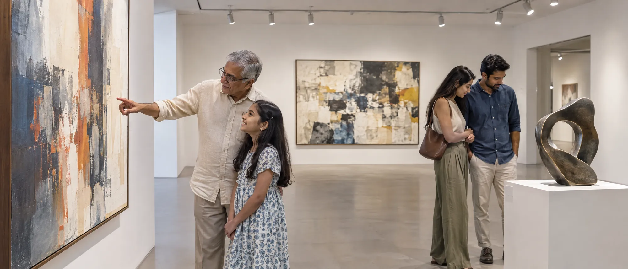 A grandfather points at a large painting while his granddaughter looks at him and a couple examine a bronze sculpture