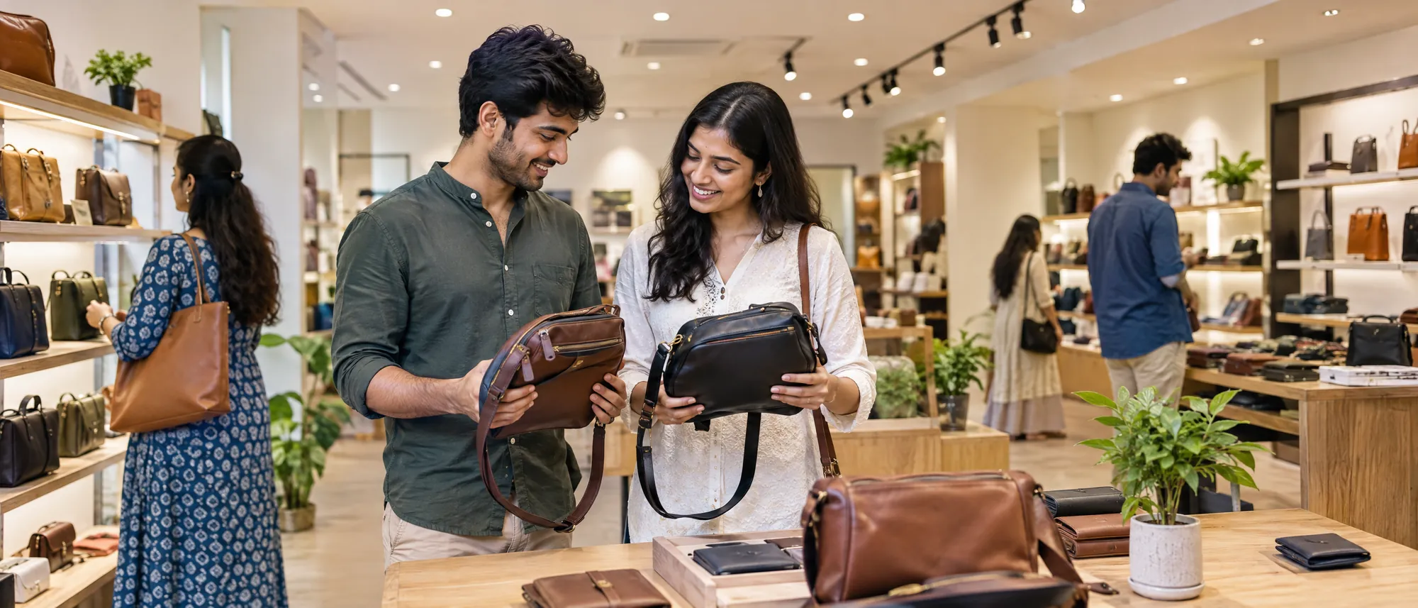 A young couple laughing as they compare leather bags at a display table in a brightly lit lifestyle store