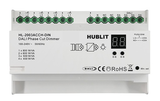 [HL-2003AC-4CH-DIN] 4 Channels DIN Rail DALI-2 + Push Phase Dimmer